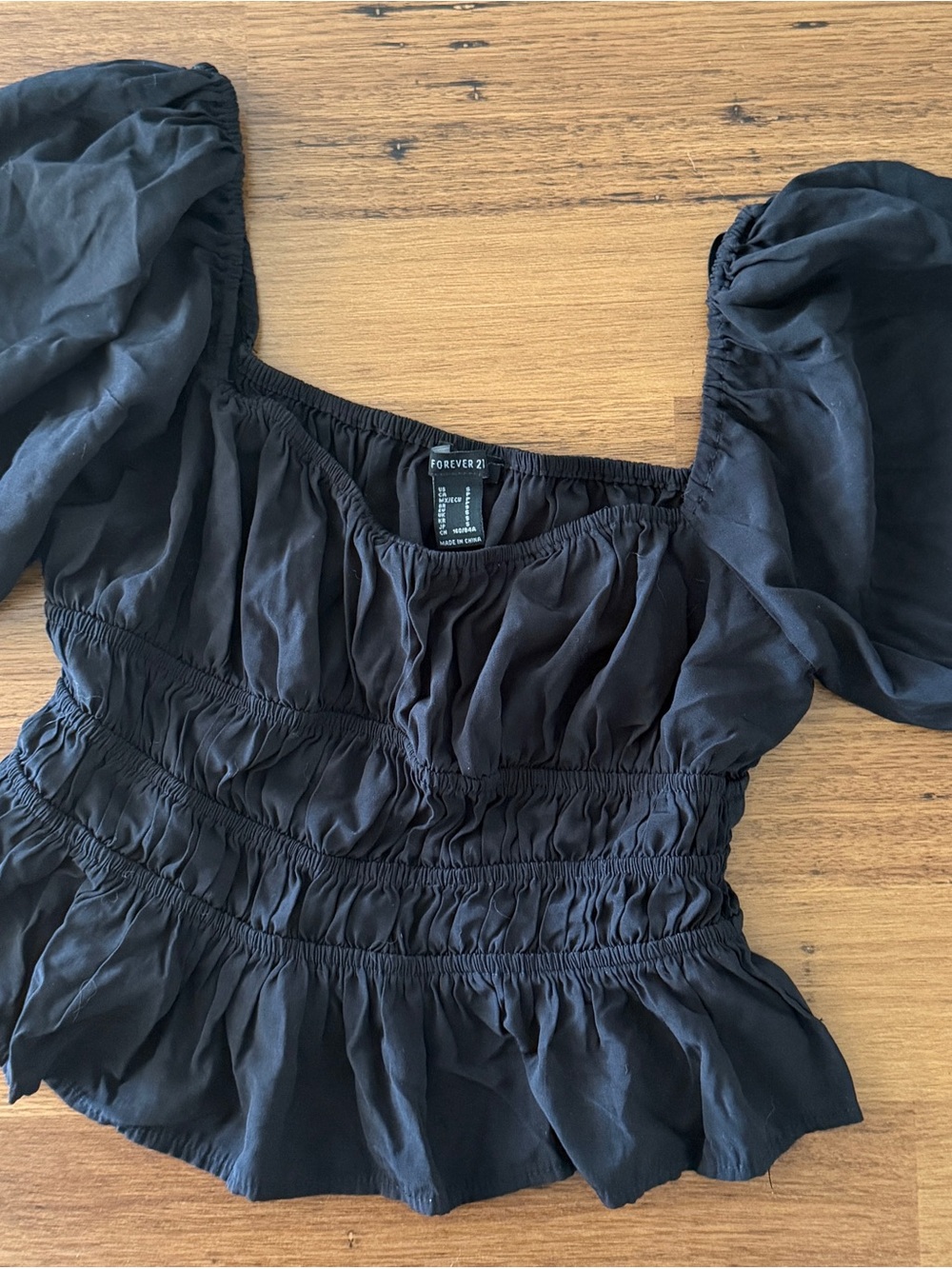 Forever 21 Black Smocked Puff-Sleeve Blouse